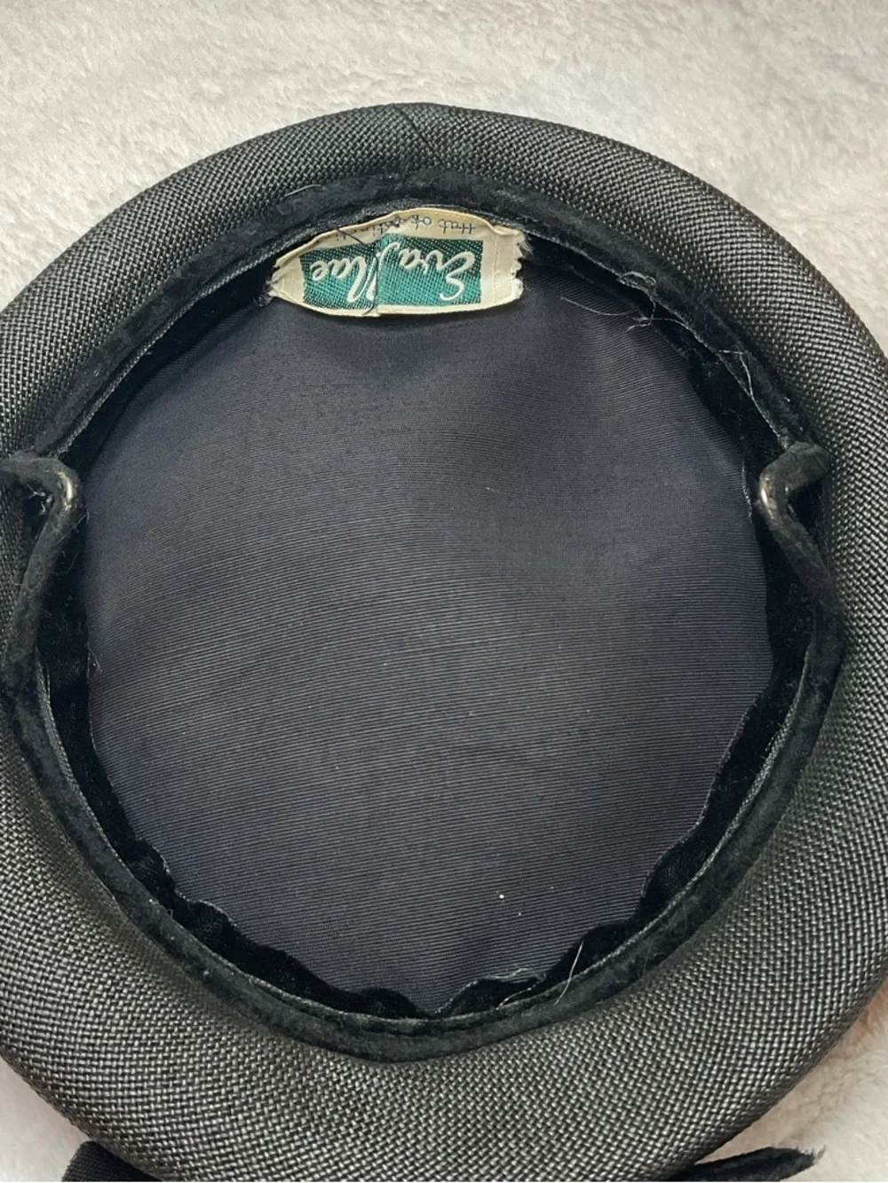 Vintage Eva Mae Modes Brown Straw Pillbox Hat Black Velvet Bow Mid-Century